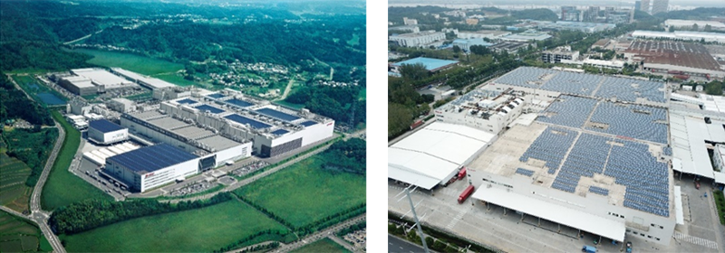 Solar power systems installed on the roofs of Sharp production bases (left: Kameyama in Japan; right: NSEC in China)
