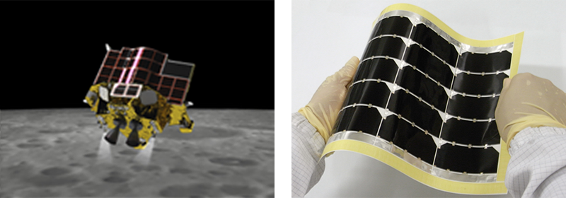 Left: SLIM (artist rendering; ©JAXA)Right: Thin-film compound solar cells installed on board SLIM