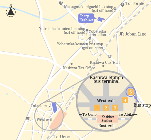 Map of the area around Kashiwa Station on the JR Joban Line, showing the location of Sharp Kashiwa near Yobatsuka Intersection, the Matsugasaki-iriguchi and Yobatsuka-kosaten bus stops, and an enlarged view of the numbered bus stops at the west exit of Kashiwa Station.