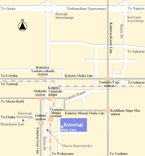 Map of the area around Oshimi Station on the Kintetsu Gose Line, showing the location of the Katsuragi site together with Yamato Shinjo Station, Kintetsu Takadashi Station, Route 24, the Katsuragi Interchange on the Minamihanna Road and the Horyuji Interchange on the Nishimeihan Expressway.
