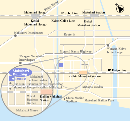 Map of the area around Kaihin Makuhari Station, showing the location of the Makuhari Building together with the surrounding rail lines, bus route and expressways.
