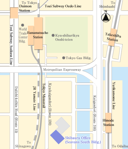 Map of the area around Hamamatsucho Station, showing the location of the Shibaura Office in the Seavans South Building together with the surrounding rail lines and roads.