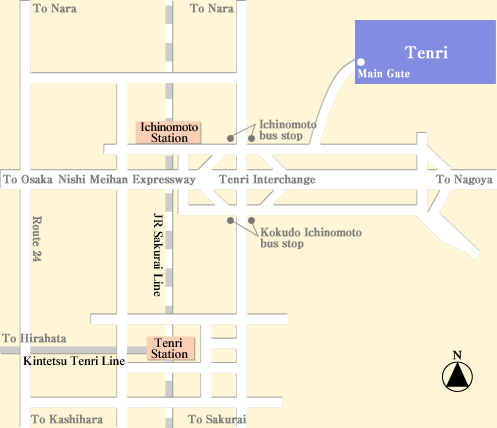 Map of the area around Tenri Station and Ichinomoto Station, showing the location of the Tenri site north of the Tenri Interchange on the Nishi Meihan Expressway, together with the Ichinomoto and Kokudo Ichinomoto bus stops.